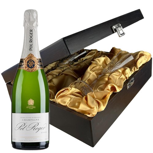 Pol Roger Brut Reserve Champagne 75cl And Flutes In Luxury Presentation Box